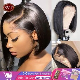 Svt Short Bob Straight 13x4 Lace Front Closure Wigs Preplucked Baby (Hair Color-Stretched Length: P1B/30-14inches, Density: 120%)